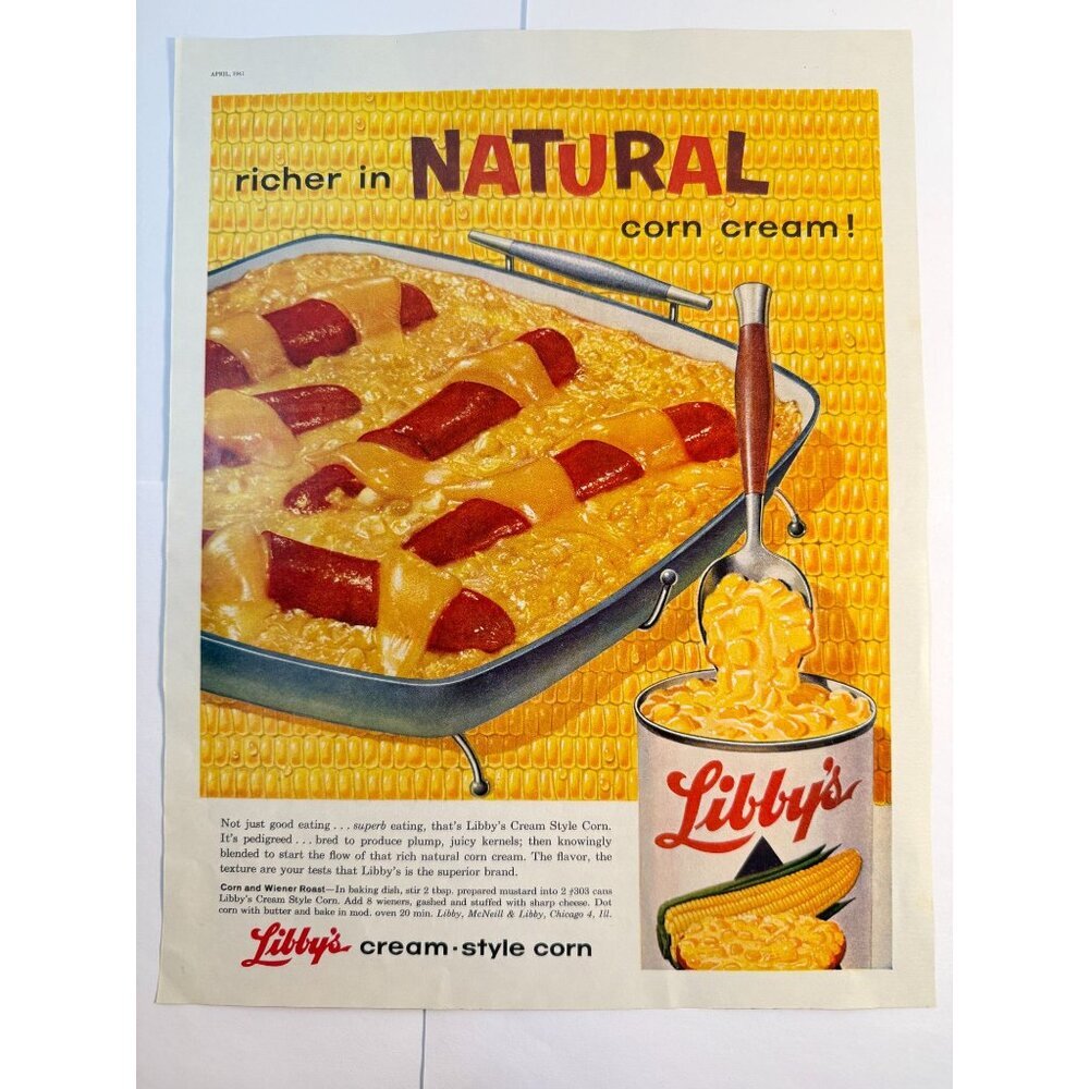 Vintage 1961 Libby Cream Style Corn Wiener Recipe Advertisement Print Ad